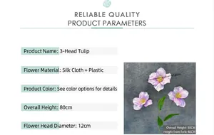Detaillierte Größentabelle für 80 cm 3-Kopf-Tulpe Kunstseidenblume mit lila Blüten
