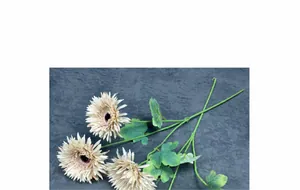 Detailed view of artificial gerbera silk petals and textured green stems on dark background