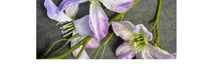 Vue macro de clématites artificielles avec pétales dégradés violets et étamines vertes