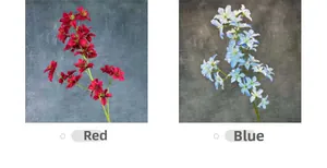 Détails de fleurs de delphinium artificielles rouges et bleues pour décoration de mariage