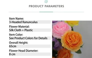 Dettaglio del fiore artificiale di ranuncolo da 65 cm con 3 teste e petali di seta