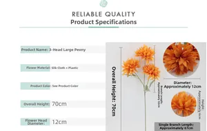 Detailed dimensions of orange 3-head artificial peony flower made of silk and plastic