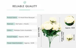 Detailed size specifications for 10-head artificial silk roses showing 45cm total height