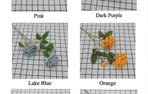Dettaglio di peonie in seta nei colori rosa, viola scuro, blu lago e arancione