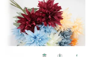 Close-up of artificial dahlia bouquet with vibrant silk petals and green leaves