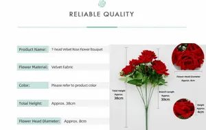 Detailed size parameters of 7-head red velvet roses showing heights and flower head diameter
