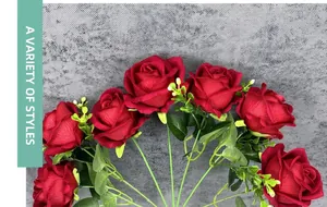 Detailed view of 7-head red velvet faux roses with green leaves and realistic stems