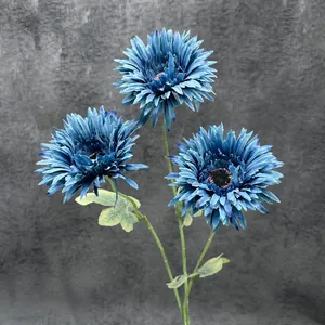 Artificial blue gerbera daisy with 3 heads for home decor, 75cm tall realistic silk flower