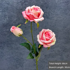 Rose artificielle 3 têtes rose des montagnes pour déco et mariage, hauteur totale 66 cm