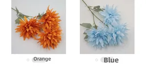 Detail of orange and blue artificial chrysanthemum dahlia silk flowers with long stems