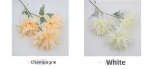 Detail of 3-head silk chrysanthemum in champagne and white with dense layered petals