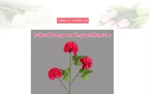 Close-up of 3-head dark pink pompon chrysanthemum artificial silk flowers with green leaves