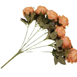 Ramo de rosas artificiales de terciopelo coral con 7 cabezas para decoración de bodas