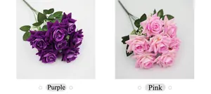 Detail view of artificial silk rose bouquets in purple and pink for home and wedding decor