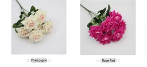 Detail view of champagne and rose red artificial velvet roses for wedding decoration