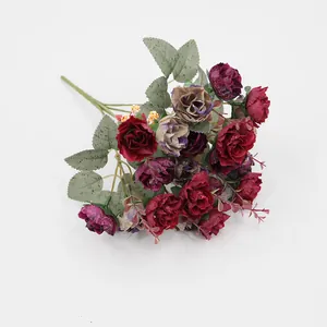 Vintage 21-head artificial diamond roses in dark red and purple for wedding home decor