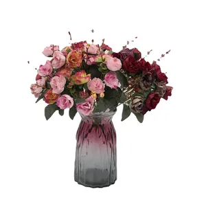 Artificial 21-head diamond rose bouquet in purple gradient glass vase for home decor
