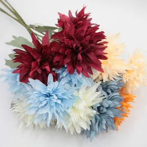 Artificial silk multi-head chrysanthemum bouquet in various colors on white background