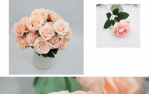 Detail of 10-head faux champagne roses in a white ceramic vase for wedding decoration