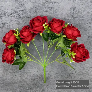 Artificial 7-head red silk roses bouquet, height 33cm, flower diameter 7-8cm for weddings