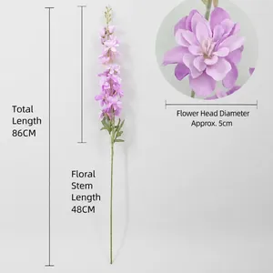 Artificial 86cm blue delphinium flower spray with realistic flocked petals and green leaves