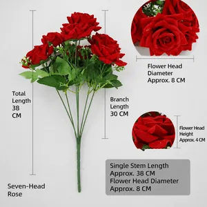Artificial velvet red rose bouquet with 7 flower heads for home wedding decorations