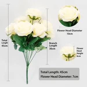 Artificial 10-head cream white silk roses bouquet 45cm long for wedding decor