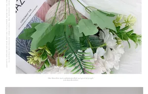 Close-up of white and lavender artificial silk peonies with lush green foliage on soft rug