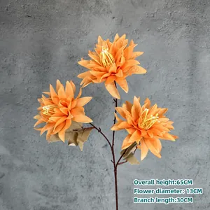 Three-headed orange artificial dahlia flower branch for wedding decor, 65cm height