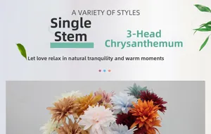 Detailed view of single stem 3-head chrysanthemum in multiple soft Morandi colors