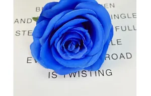 Dettaglio ravvicinato di una testa di rosa artificiale blu scuro per decorazioni
