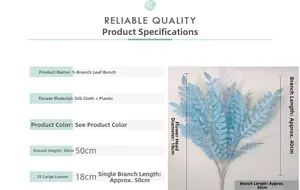 Detailed specs of light blue 5-fork artificial locust leaves with 50cm total height