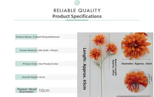 Detailed dimension guide for 3-head orange silk dahlia showing 65cm height and flower head size