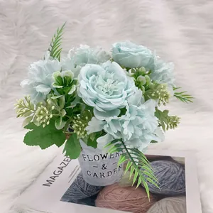 Artificial peony hydrangea mix in vintage metal bucket for elegant home table decor