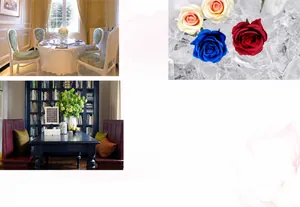 Detalle de cabezas de rosas artificiales en tonos azules, burdeos y beige suave