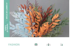 Close-up of artificial willow leaves in various colors like orange, blue, and green for decor