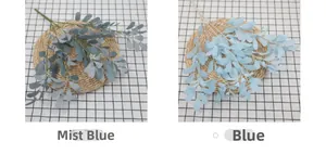 Detailed close-up of artificial peanut leaves in dusty blue and bright blue colors