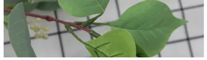 Macro detail of artificial green leaves with realistic veins and small cream berries