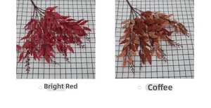 Detail view of artificial willow leaves in deep red and coffee brown color options