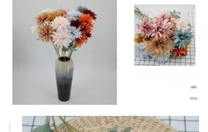 Macro shot of multi-layered dahlia flower heads in a gray and black ceramic vase
