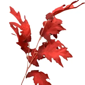 Artificial deep red oak leaf branch with realistic serrated edges for wedding decor