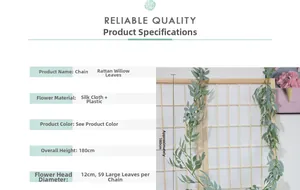 Detail view of 180cm artificial willow vine decoration with 59 silk leaves and dimensions