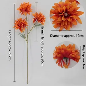 Artificial orange dahlia with 3 flower heads and size labels for home wedding decor