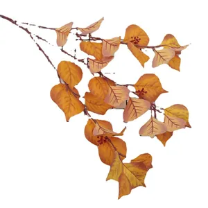 Artificial bodhi leaf branch with orange autumn leaves and small red berries on white