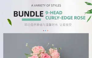 Detalle de un ramo de 9 rosas de seda rosa con bordes enrollados y follaje decorativo