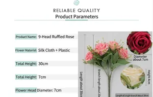 Dimensiones detalladas de rosas artificiales de seda de 9 cabezas, 7 cm de diámetro y 30 cm alto