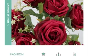 Primer plano de rosas de seda artificial en varios colores para hogar y bodas