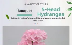 Macro shot of 5-head pink faux hydrangea bouquet with detailed petals and natural stems