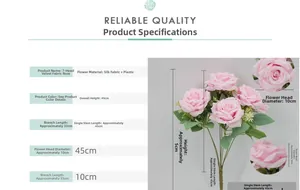 Detail view of pink artificial 7-head Austin roses with material and dimension specifications