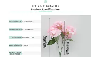 Detailed size chart of 5-head pink silk hydrangea with fabric leaves and stem dimensions
